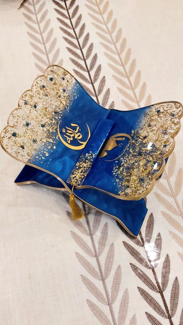 Royal Blue Resin Rehal Stand with Gold Flakes