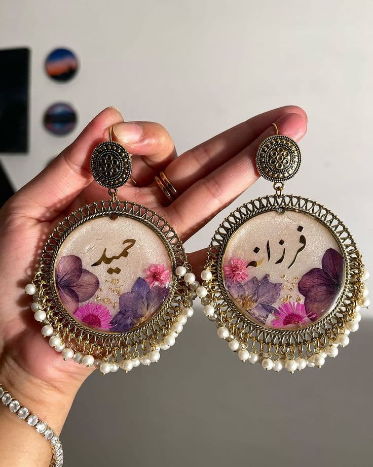 Personalized Floral Personalized Name Resin Jhumka Earrings - Pearl Fringe
