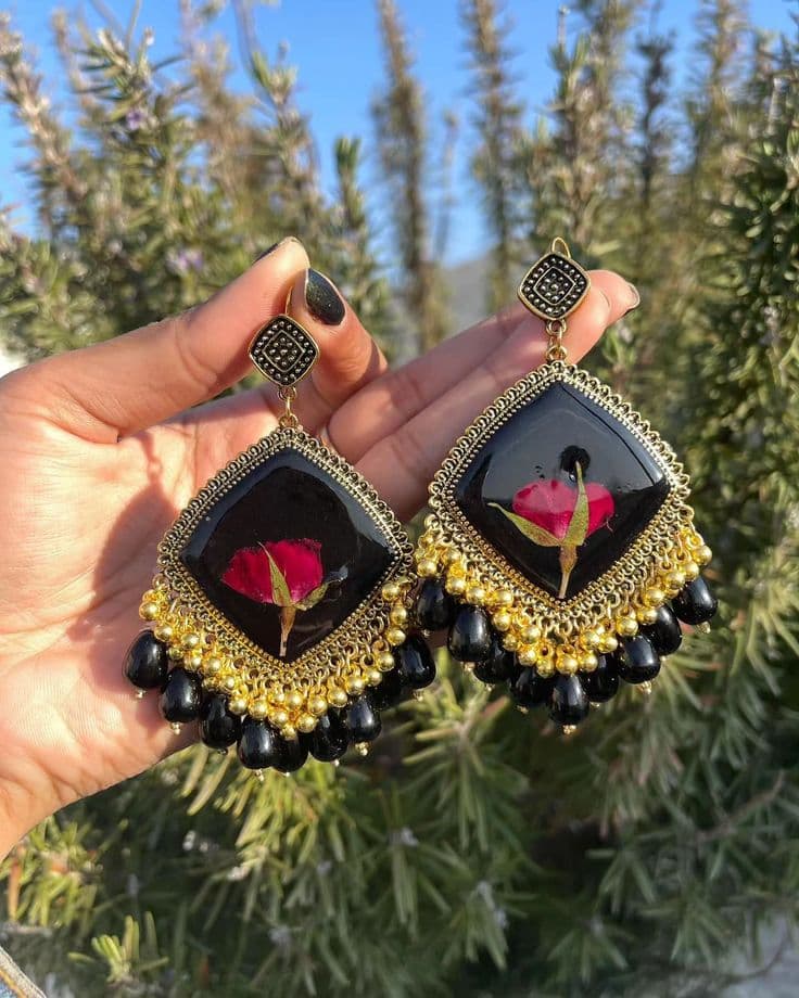 Black Resin Dried Rose Statement Earrings with Gold Beads