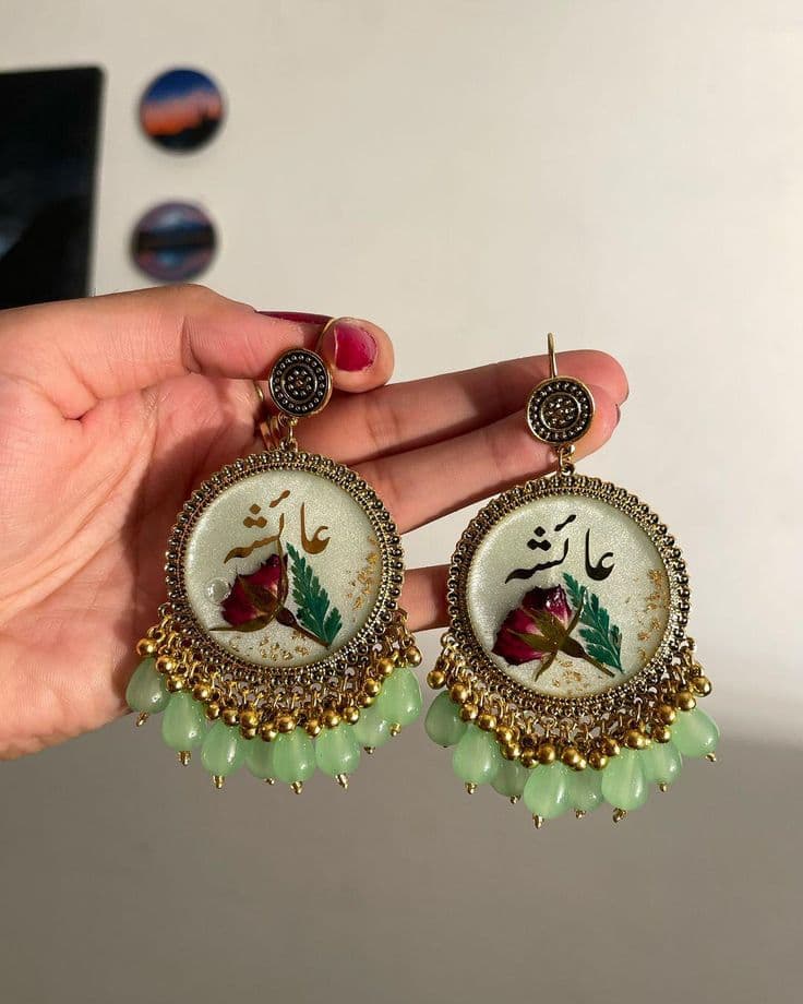 Personalized Urdu Name Resin Earrings with Dried Rose & Mint Green Beads