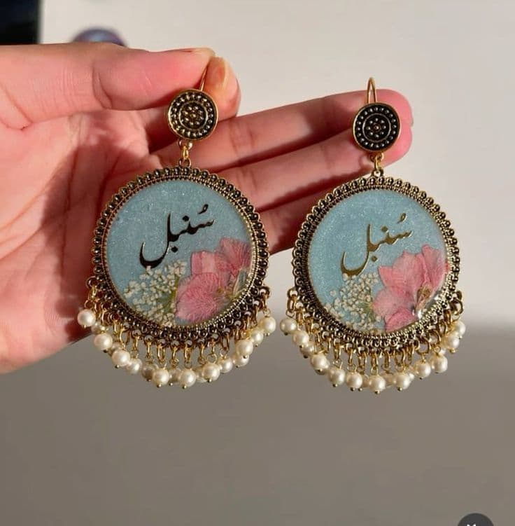 Handmade Personalized Name Resin Earrings | Blue Floral Jhumka