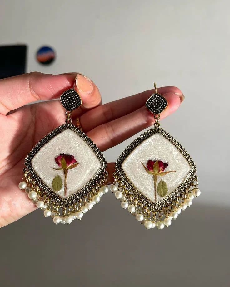 Ivory Resin Dried Rose Earrings with Pearl Drops