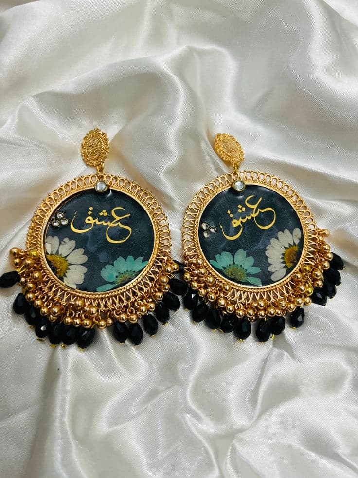 Gold Floral Resin Earrings with Arabic Calligraphy - Handmade