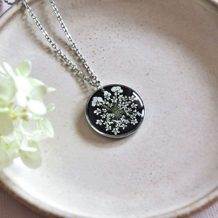 Midnight Bloom Handcrafted Resin Pendant | Real Pressed White Flowers