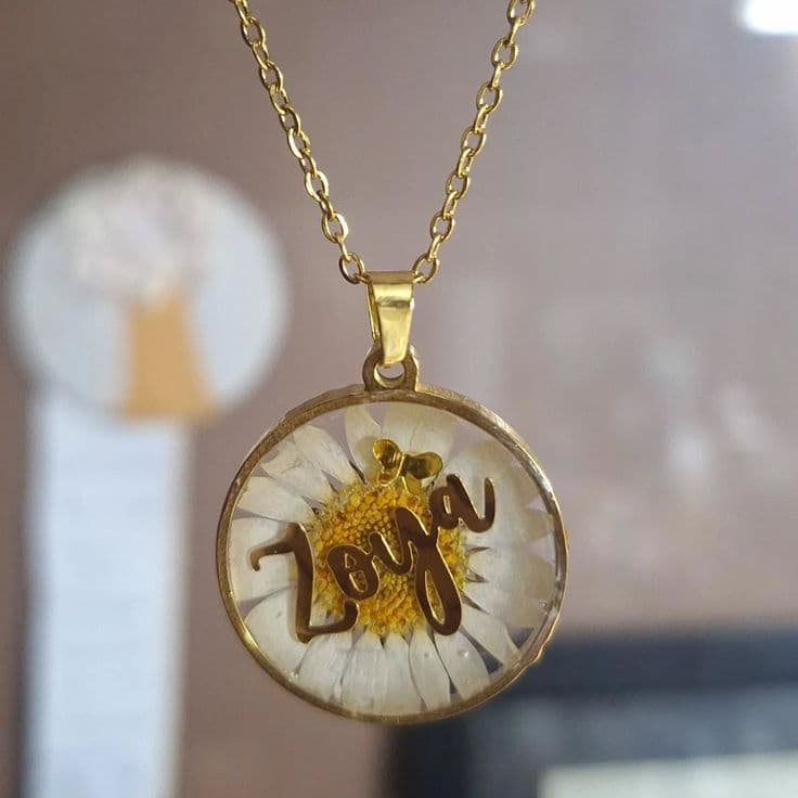 Personalized Daisy Handcrafted Resin Pendant | Custom Name Gold Necklace