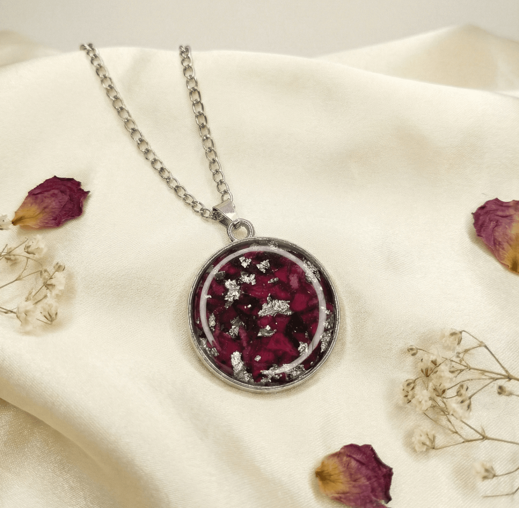 Real Preserved Rose & Silver Flake Resin Pendant Necklace - Custom Memorial Jewelry