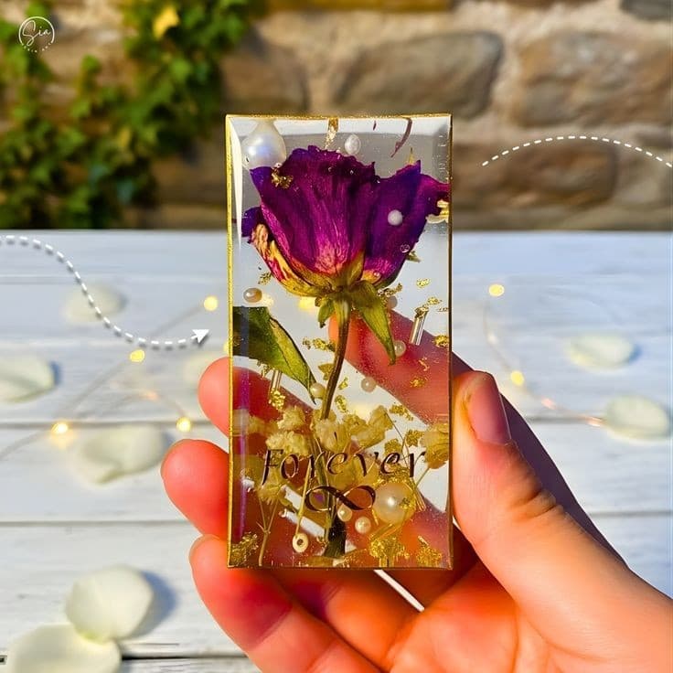 3D Resin Preserved Rose Block with Pearls & Forever Decal