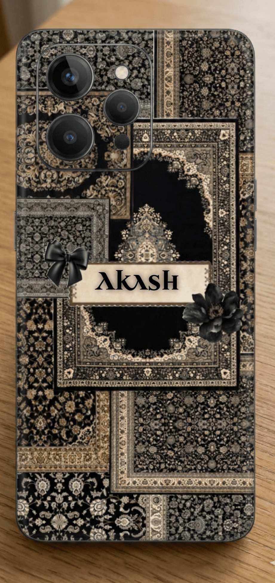 Pashmina Mobile Cover with Customized Name - Royal Black Resin Coated