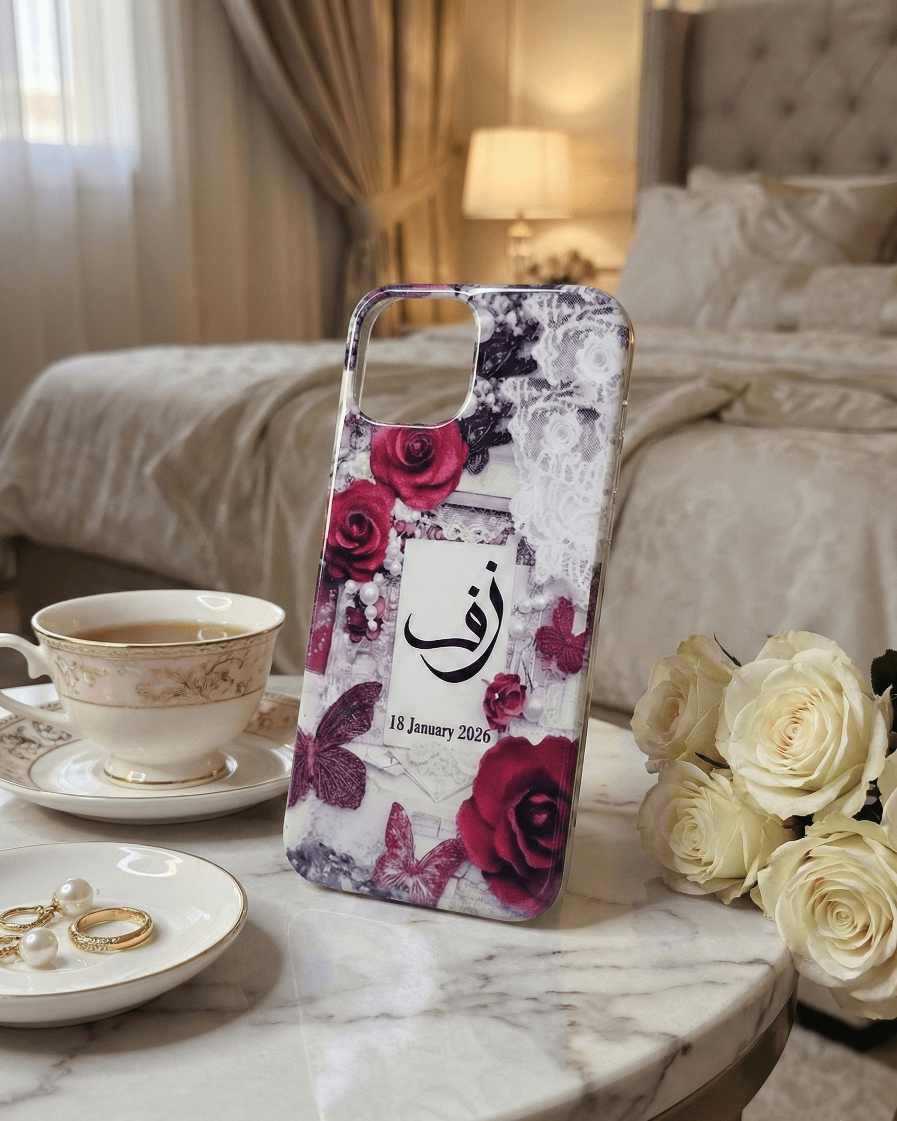 Customized Pashmina Resin Mobile Cover - Vintage Rose & Butterfly Edition (With Name & Date)