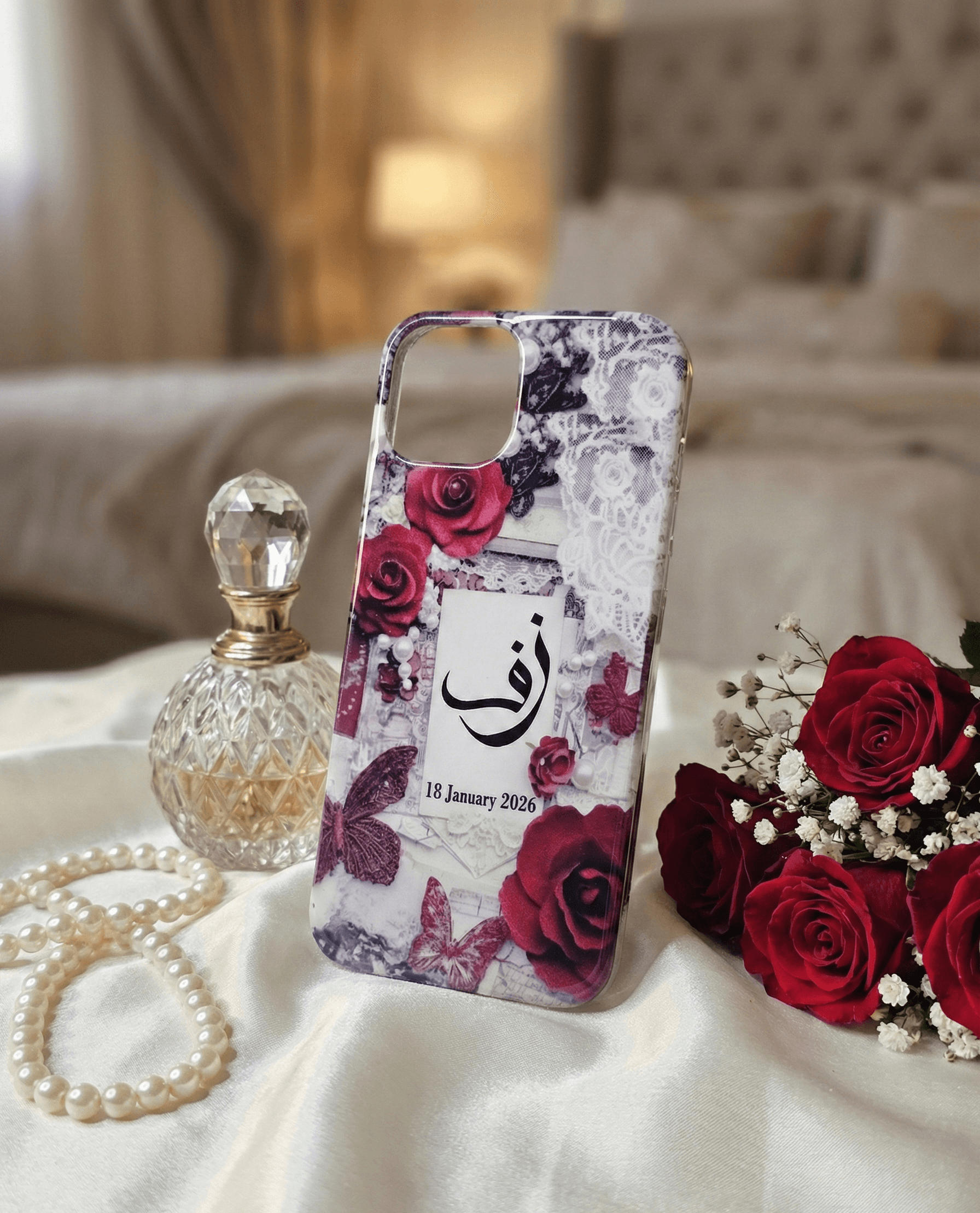 Customized Pashmina Resin Mobile Cover - Vintage Rose & Butterfly Edition (With Name & Date) 3