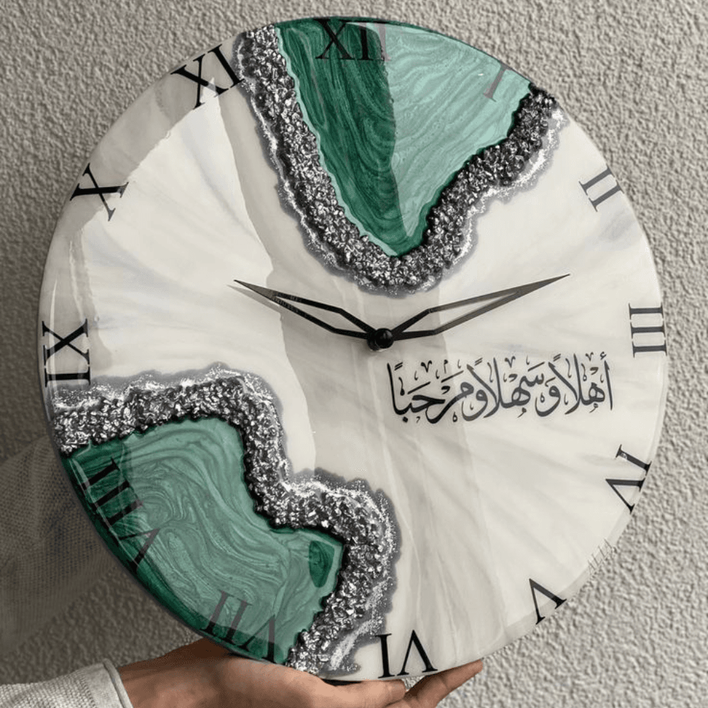 Islamic Wall Clock with Arabic Calligraphy & Malachite Art - 12 Inch