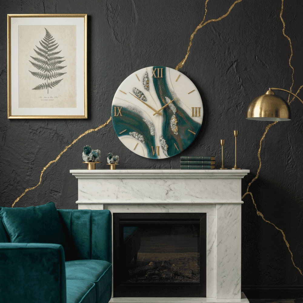 Emerald Green & White Epoxy Resin Wall Clock with Crystal Geode Inclusions | Luxury Handcrafted Home Decor | 12 Inch 4