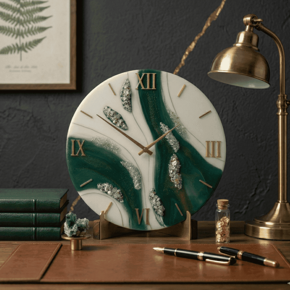 Emerald Green & White Epoxy Resin Wall Clock with Crystal Geode Inclusions | Luxury Handcrafted Home Decor | 12 Inch 3