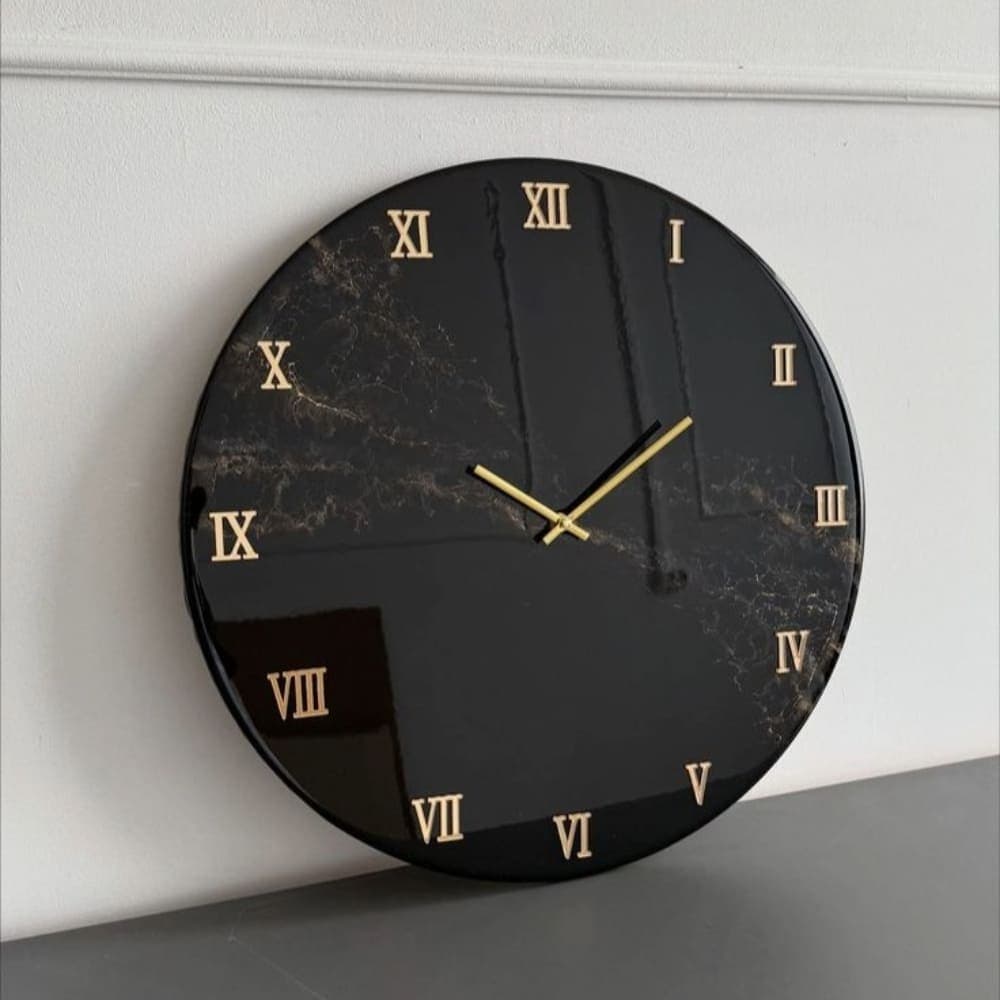 Black Marble Resin Wall Clock 12 Inch | Roman Numeral Home Decor | Unique Handcrafted Gift