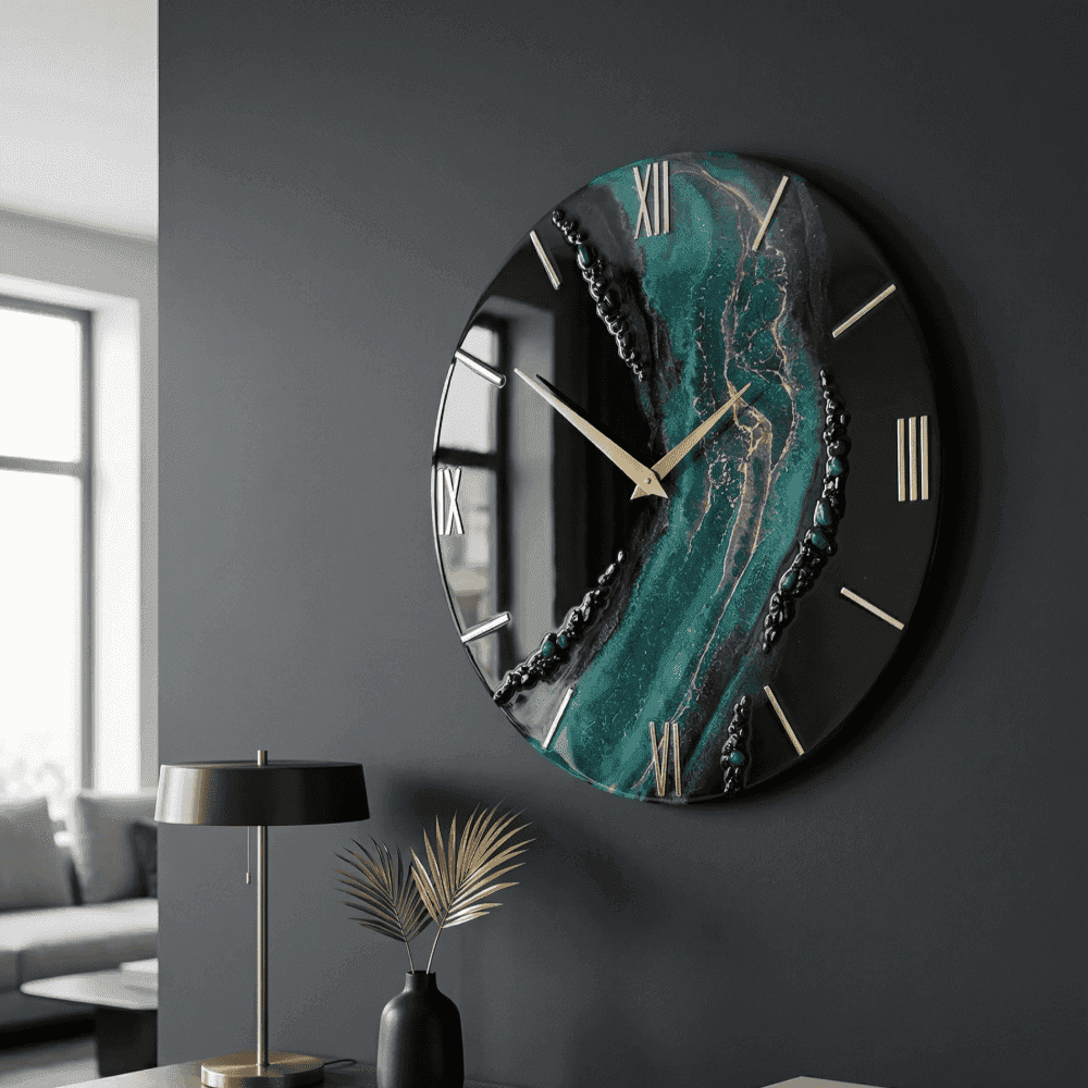 Giftistan Resin Wall Clock | Black & Teal Ocean Art | 12x12 Inch | Gold Roman Numerals | Premium Home Décor Gift