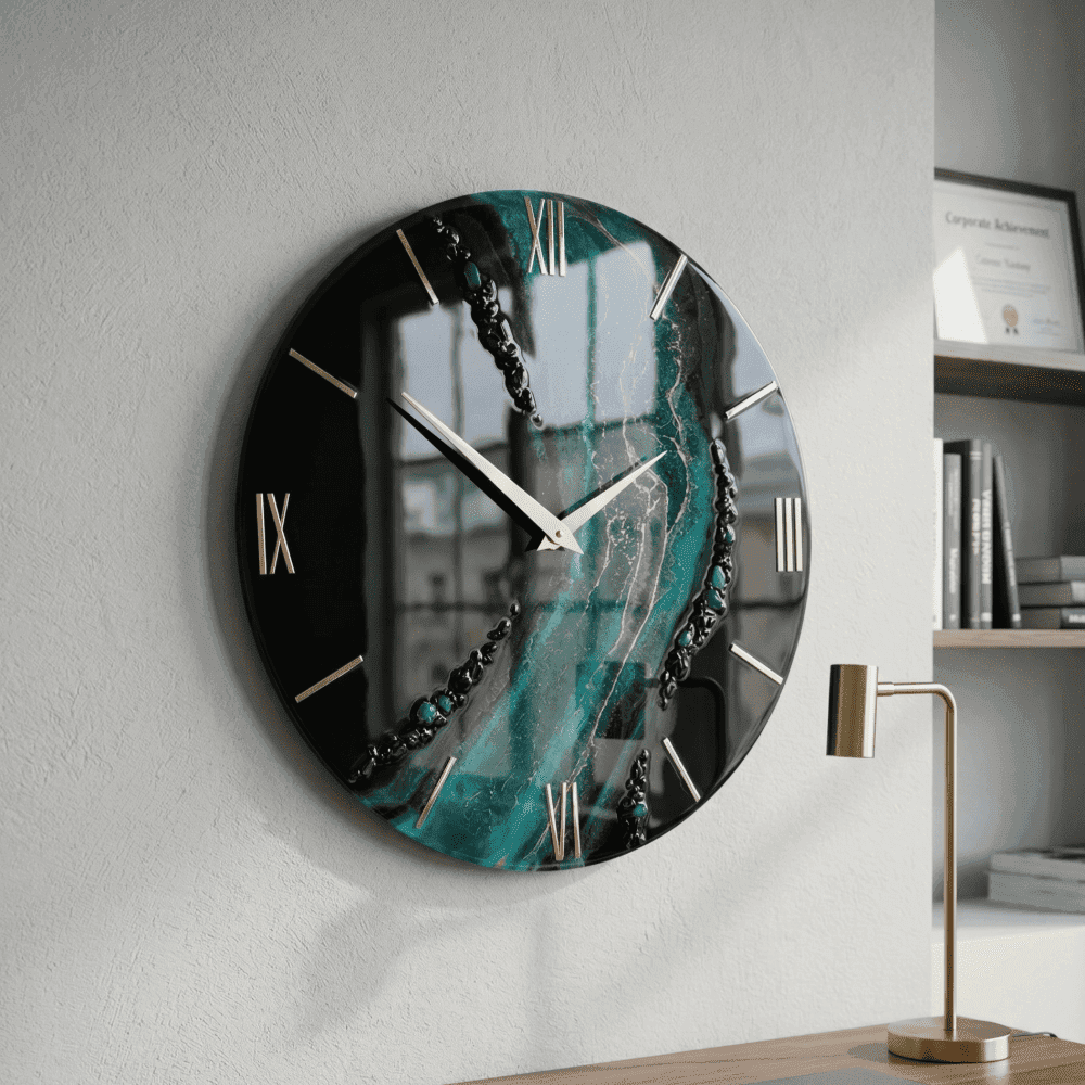 Giftistan Resin Wall Clock | Black & Teal Ocean Art | 12x12 Inch | Gold Roman Numerals | Premium Home Décor Gift 3
