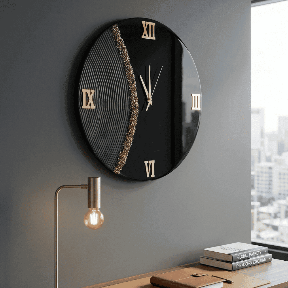 Glossy Black Resin Roman Wall Clock 3