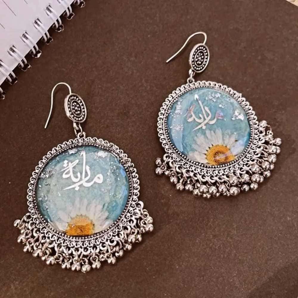 White Daisy & Blue Bead Jhumkas | Customized Resin Earrings 5