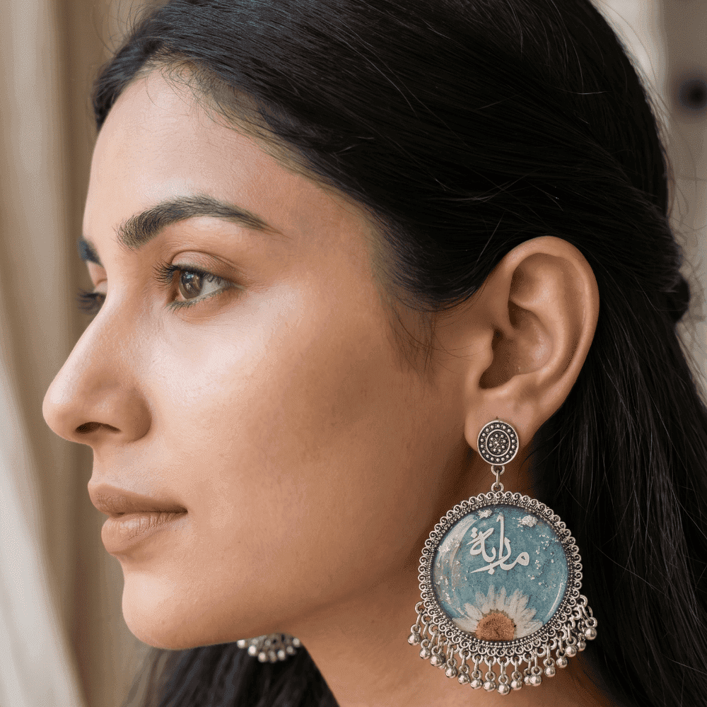 White Daisy & Blue Bead Jhumkas | Customized Resin Earrings 4