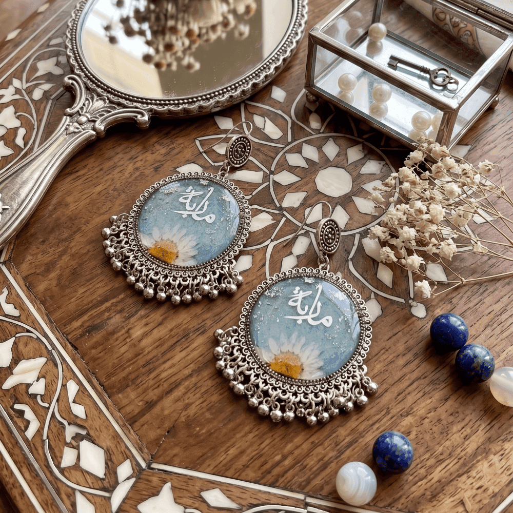 White Daisy & Blue Bead Jhumkas | Customized Resin Earrings