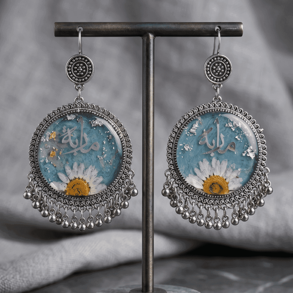 White Daisy & Blue Bead Jhumkas | Customized Resin Earrings 2