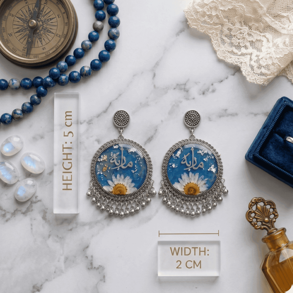 White Daisy & Blue Bead Jhumkas | Customized Resin Earrings 3