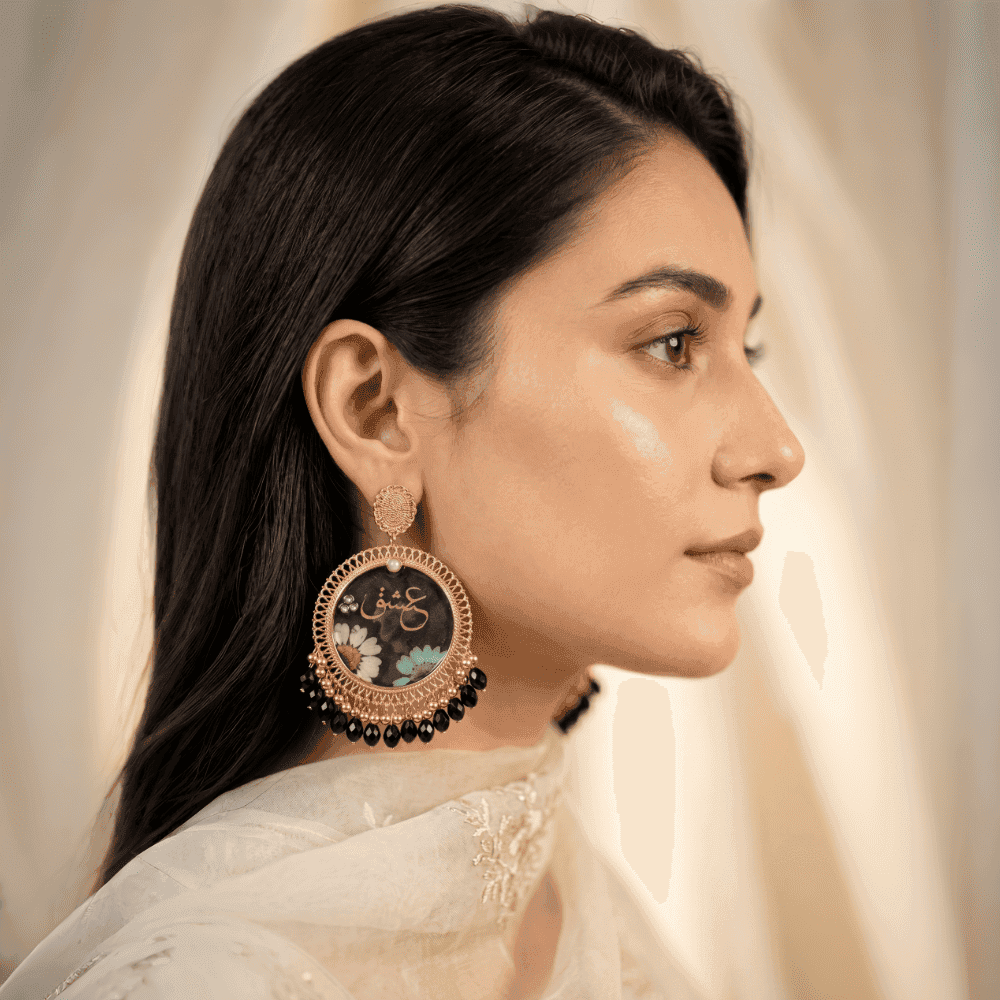 Gold Floral Resin Earrings with Arabic Calligraphy - Handmade 5