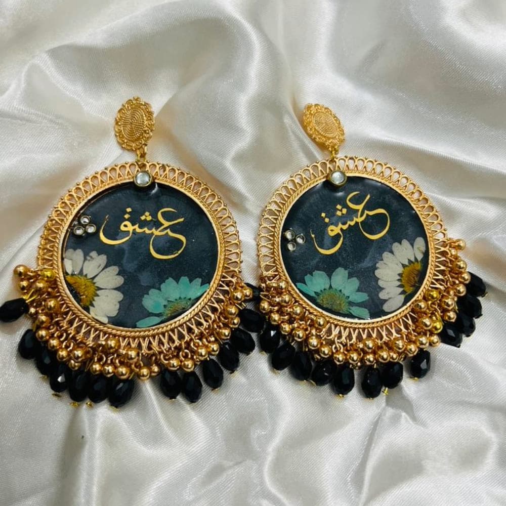 Gold Floral Resin Earrings with Arabic Calligraphy - Handmade