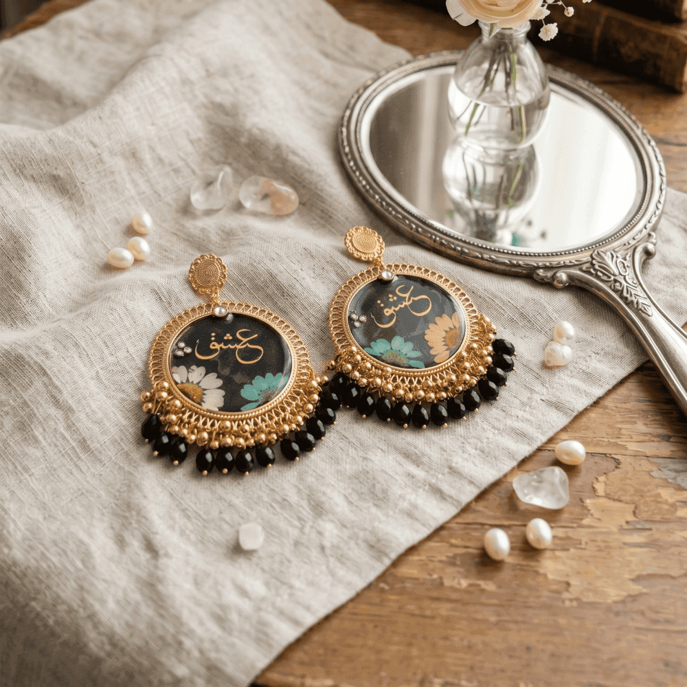 Gold Floral Resin Earrings with Arabic Calligraphy - Handmade 3