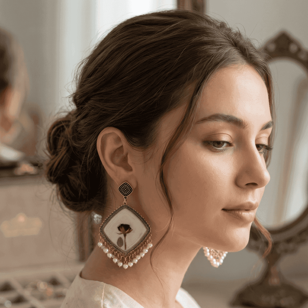 Ivory Resin Dried Rose Earrings with Pearl Drops 2