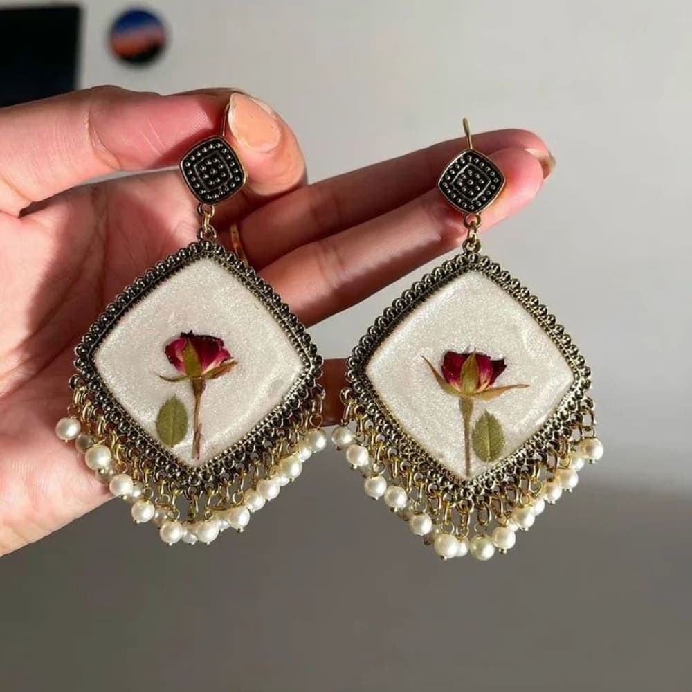 Ivory Resin Dried Rose Earrings with Pearl Drops