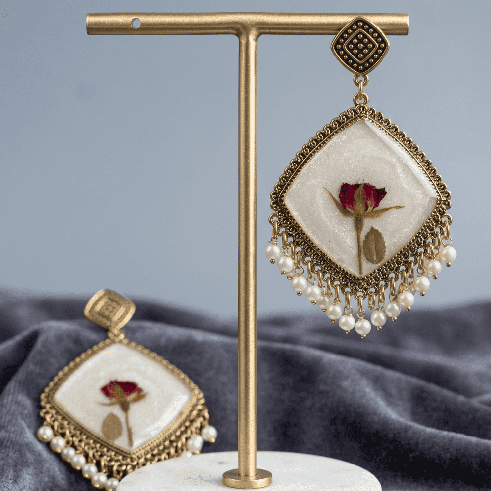 Ivory Resin Dried Rose Earrings with Pearl Drops 5