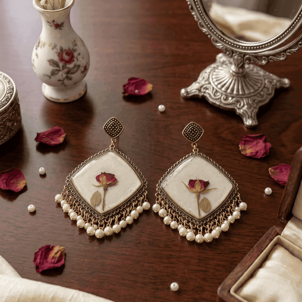 Ivory Resin Dried Rose Earrings with Pearl Drops 4