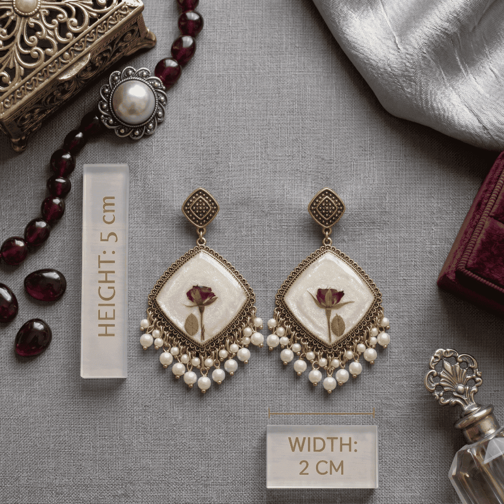 Ivory Resin Dried Rose Earrings with Pearl Drops 3