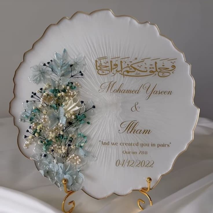 Personalised Resin Engagement Platter with Preserved Blue Flowers and Gold Calligraphy 4