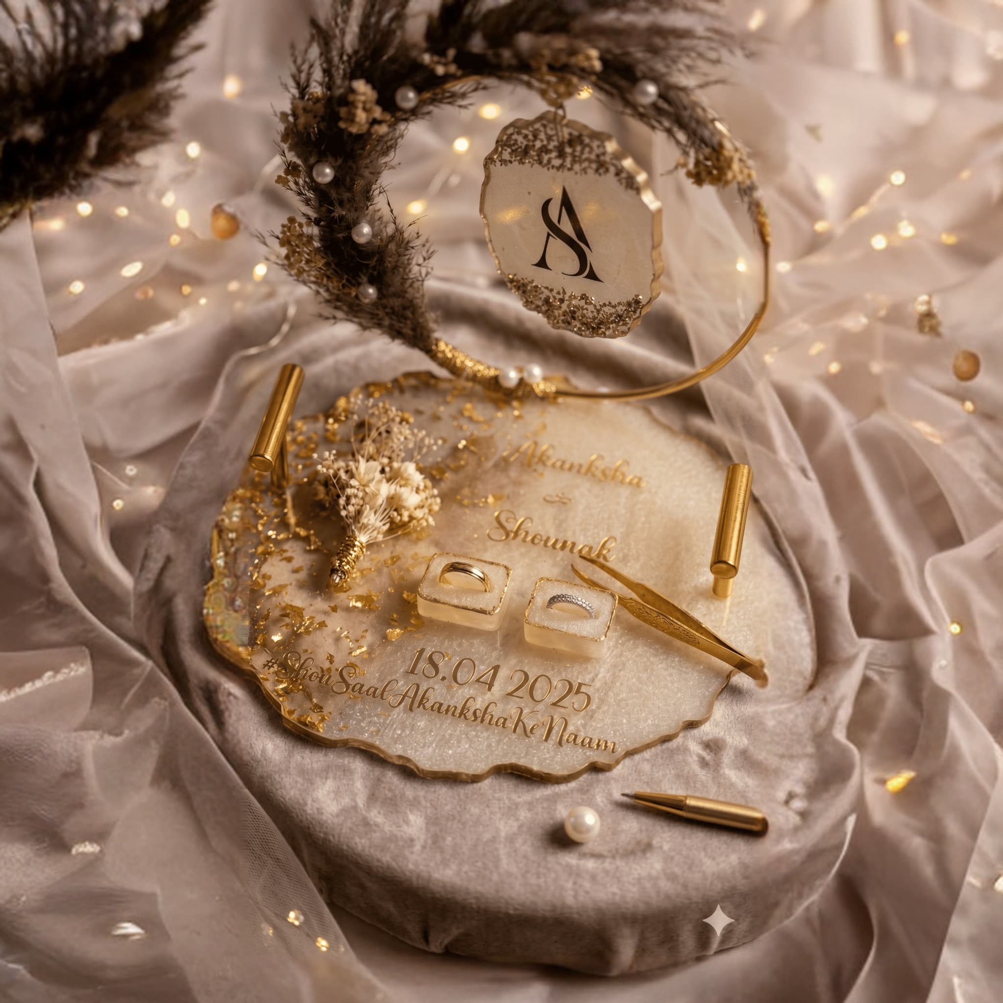 Personalized Resin Engagement Ring Platter with Gold Flakes, Dried Flowers and Pampas Grass - Custom Couple Names