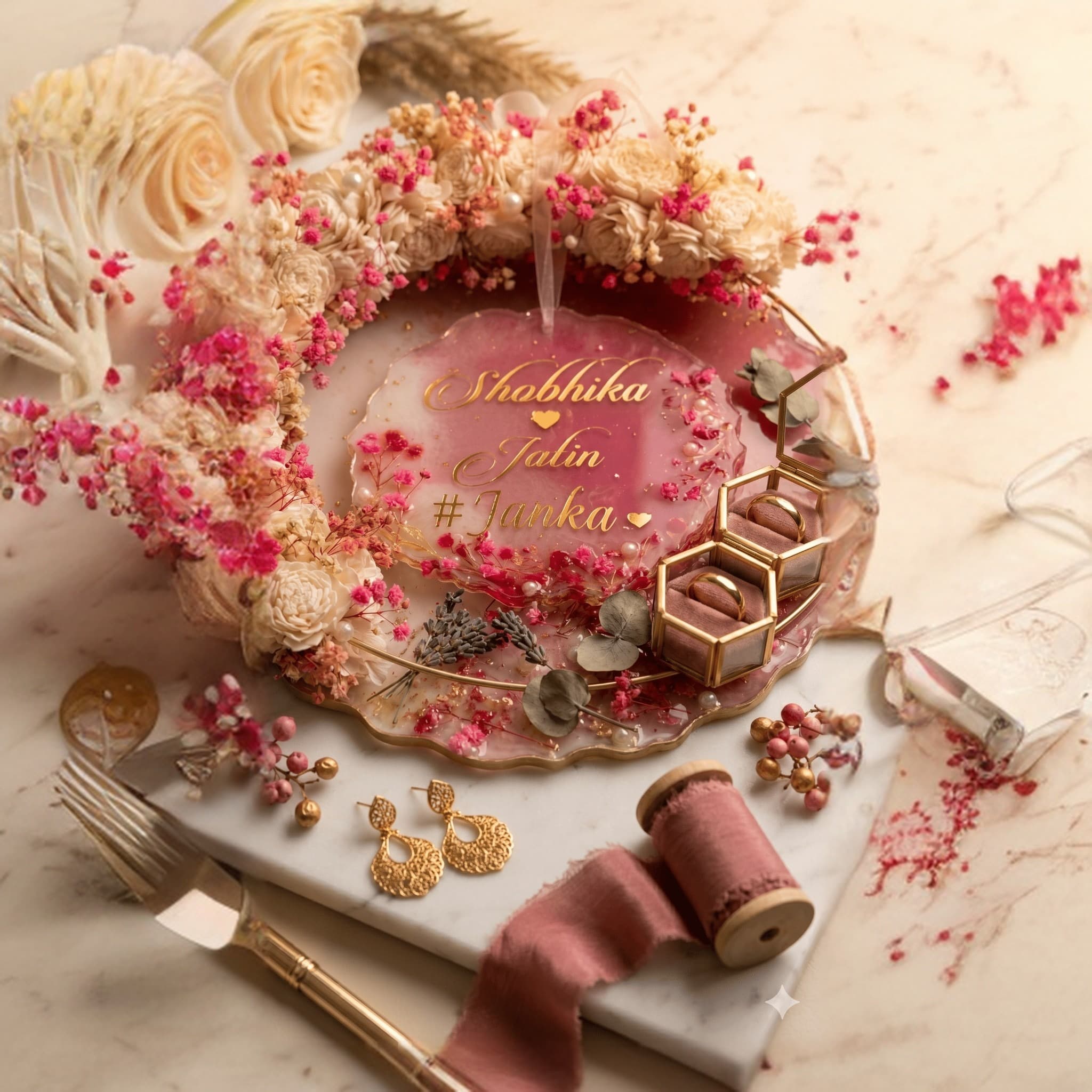 Handcrafted Pink Resin Ring Ceremony Platter with Dried Florals and Gold Leaf Accents - Personalized Engagement Tray 2