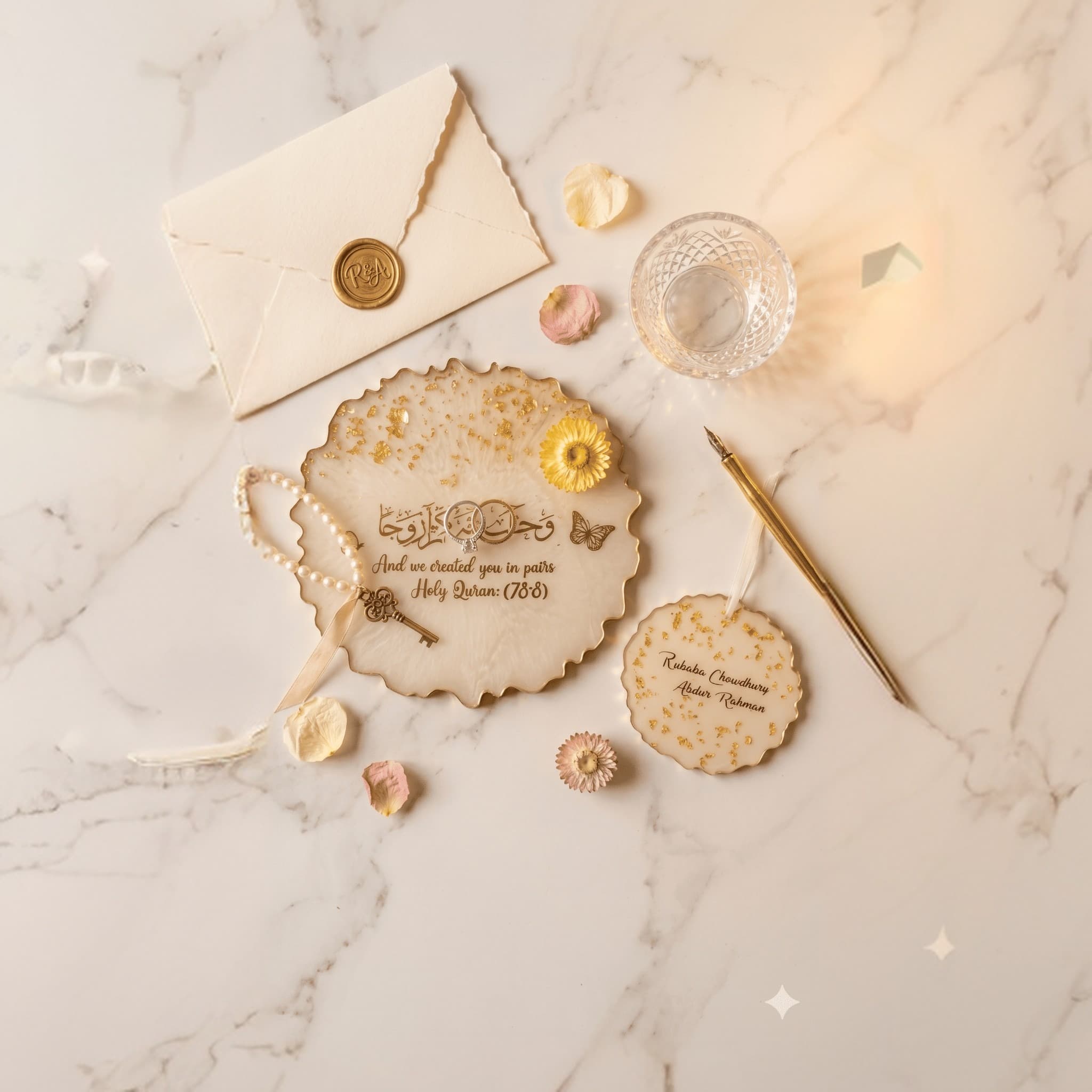 Personalized Handcrafted Resin Ring Platter with Dried Flower Arch and Gold Foil Accents for Engagement & Nikah Ceremony 4