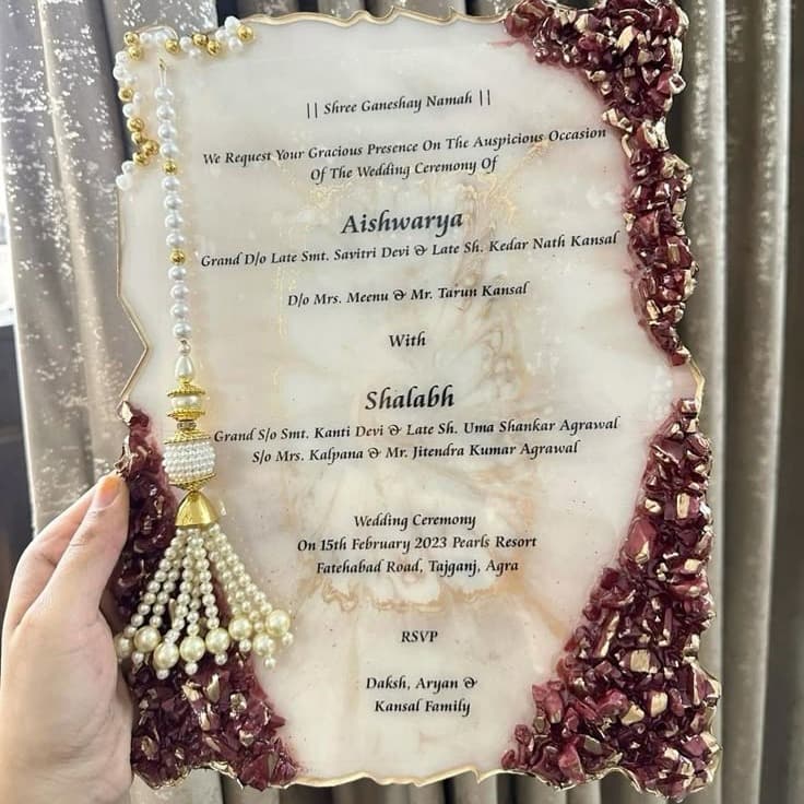 Luxury Handcrafted Resin Wedding Invitation Card with Gold Foil Edges, Pearl Tassel and Red Crystal Borders 2
