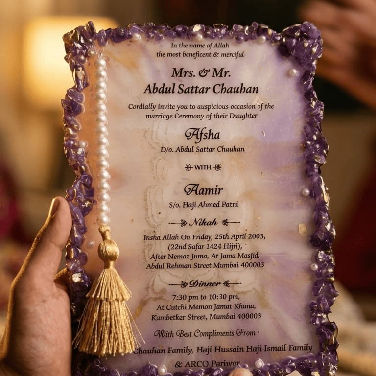 Premium Handcrafted Resin Nikah Invitation Card - Lavender Marble with Amethyst Stones, Gold Foil Accents and Decorative Pearl Tassel 3