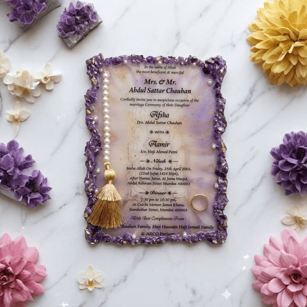 Premium Handcrafted Resin Nikah Invitation Card - Lavender Marble with Amethyst Stones, Gold Foil Accents and Decorative Pearl Tassel