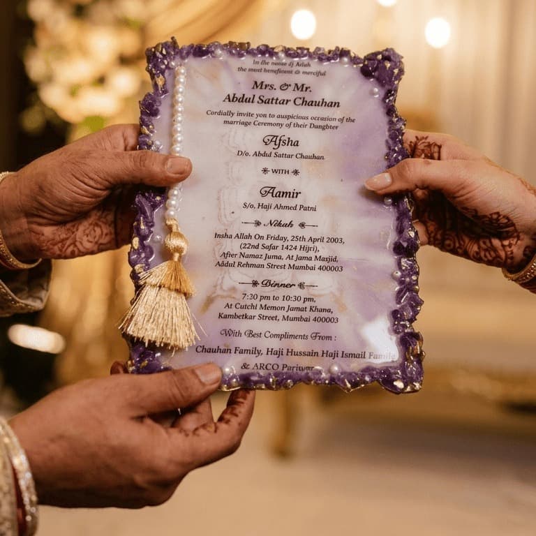 Premium Handcrafted Resin Nikah Invitation Card - Lavender Marble with Amethyst Stones, Gold Foil Accents and Decorative Pearl Tassel 4