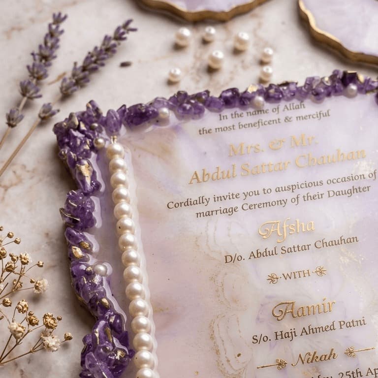 Premium Handcrafted Resin Nikah Invitation Card - Lavender Marble with Amethyst Stones, Gold Foil Accents and Decorative Pearl Tassel 2